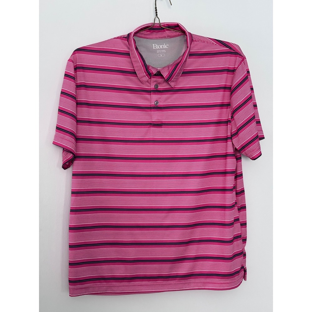 Etonic Mens Pink Navy Blue Striped Golf Polo Shirt Short Sleeve Size Large